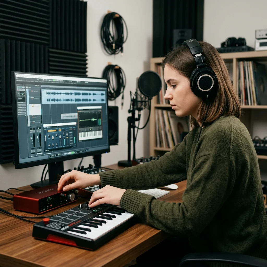 Beat producer tapping a drum pad controller for a new genre idea