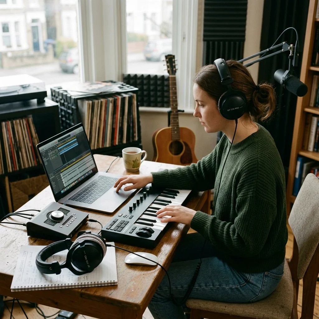 Composer building chords and MIDI ideas on a digital piano