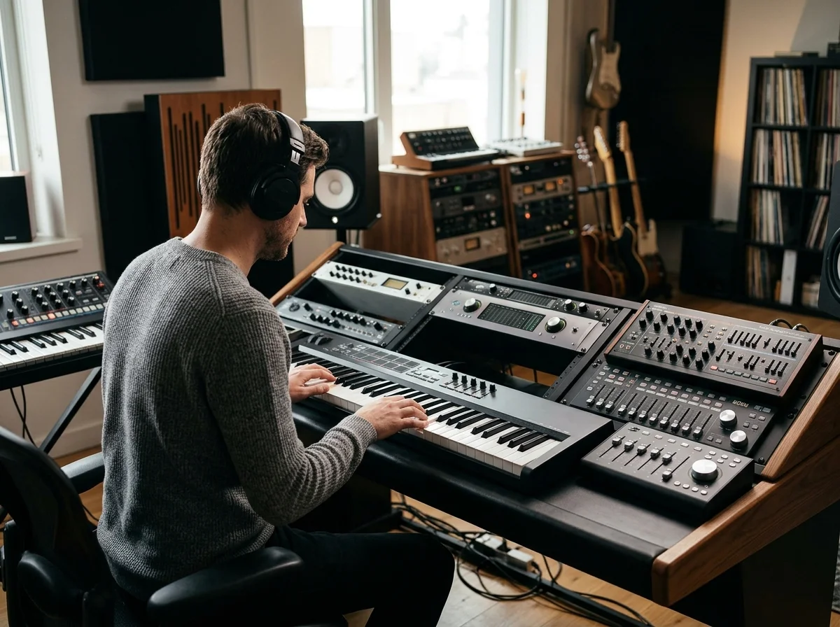 Beat producer tapping a drum pad controller for a new genre idea
