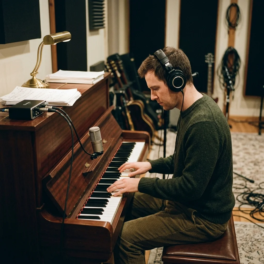 Independent musician shaping an AI music idea in a bright home studio