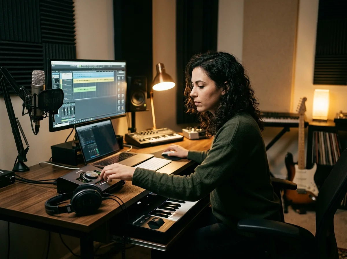 Independent musician shaping an AI music idea in a bright home studio