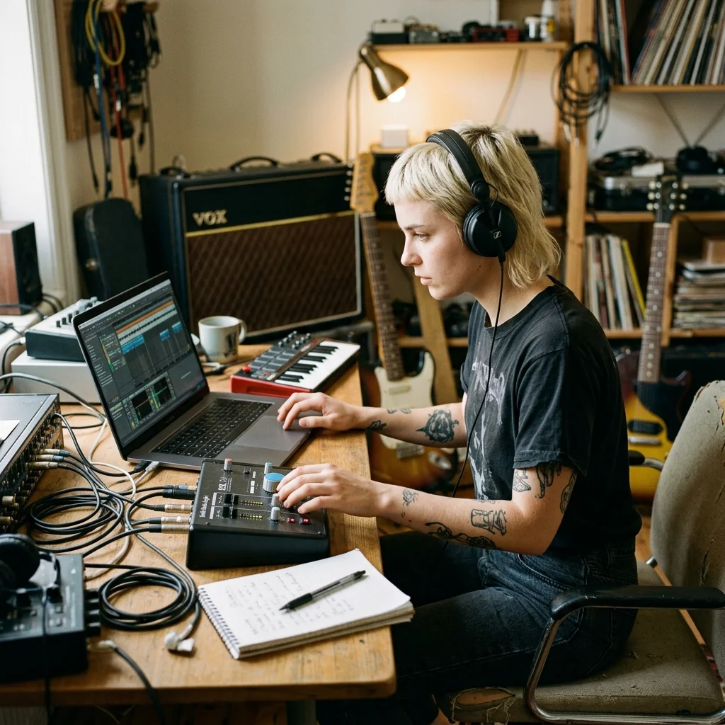 Beat producer tapping a drum pad controller for a new genre idea