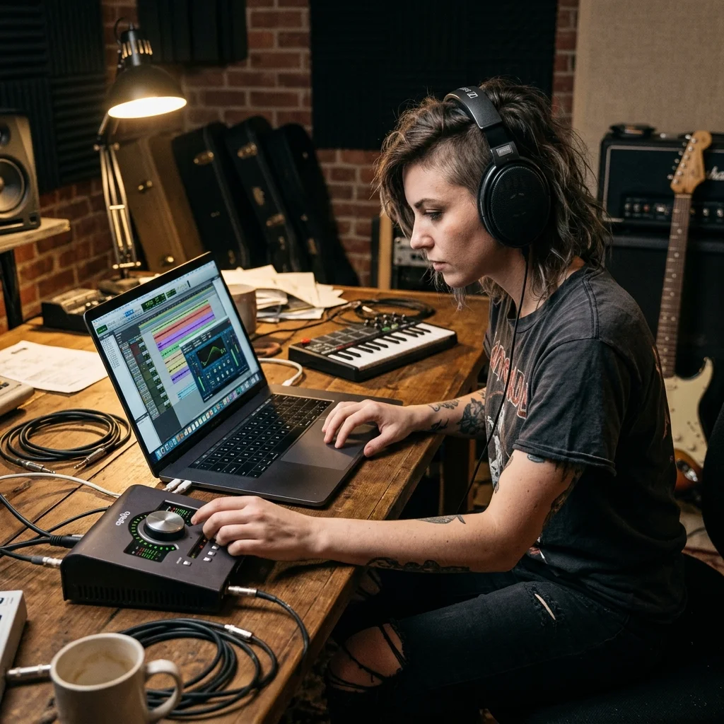 Independent musician shaping an AI music idea in a bright home studio