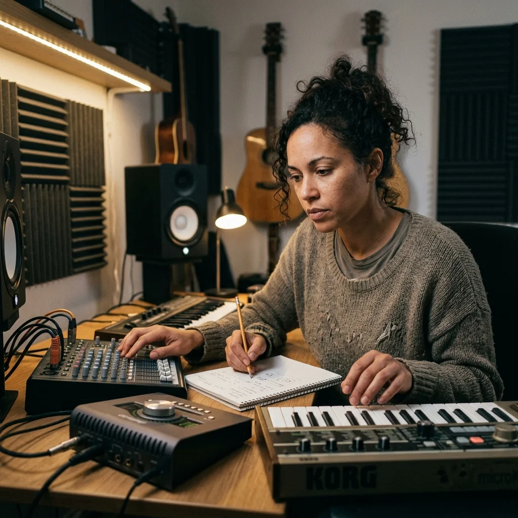 Beat producer tapping a drum pad controller for a new genre idea