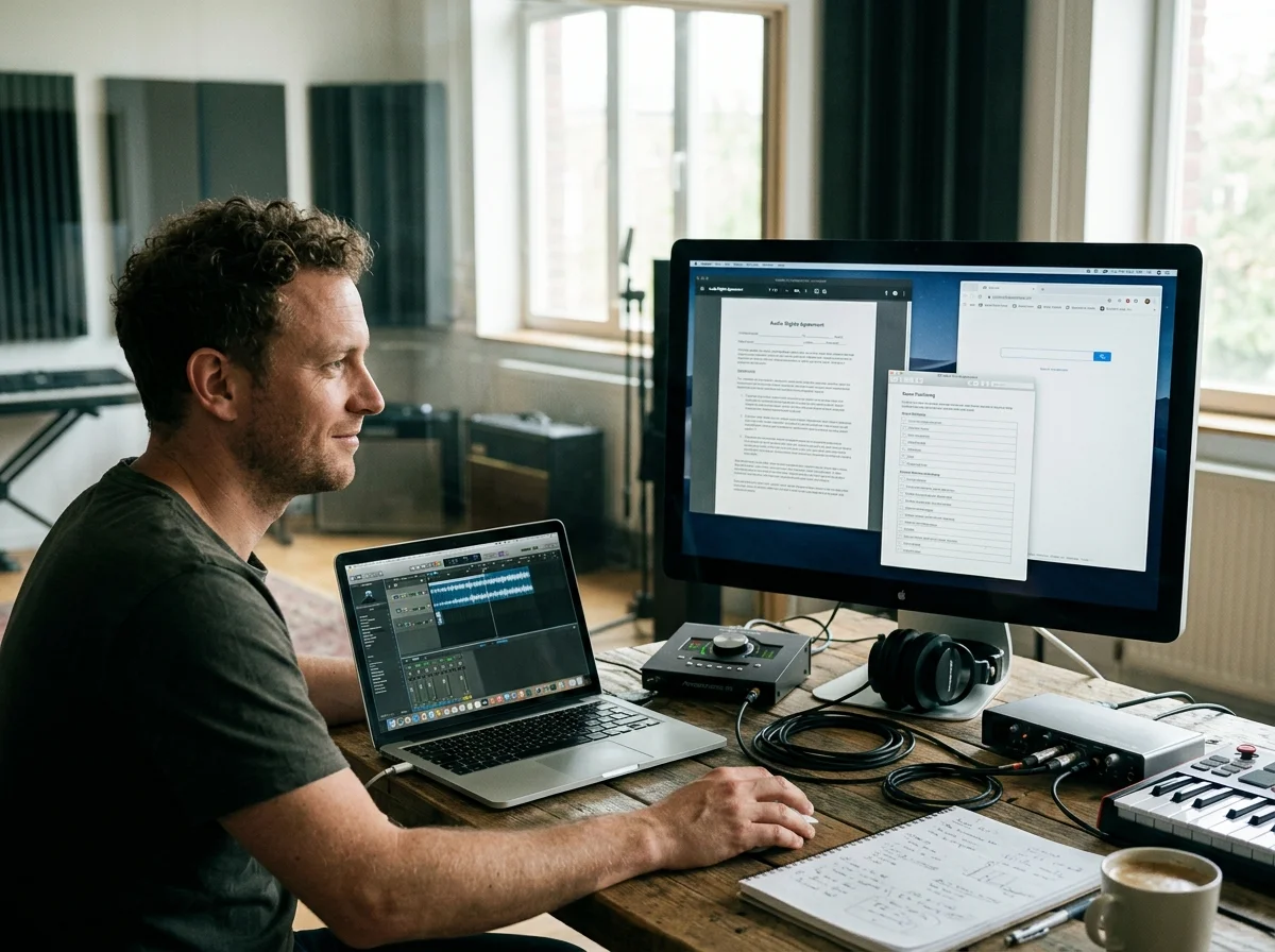 Creative team checking commercial music rights and publishing readiness