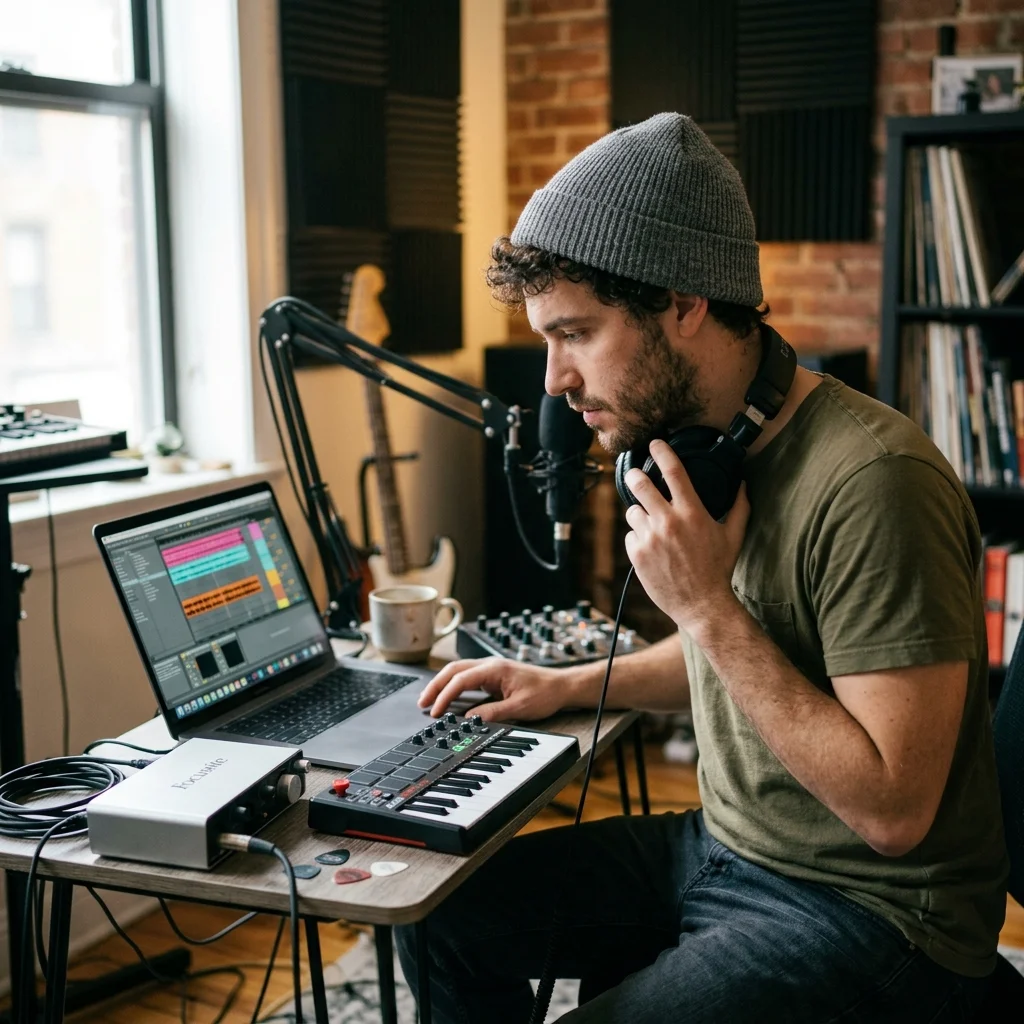 Beat producer tapping a drum pad controller for a new genre idea