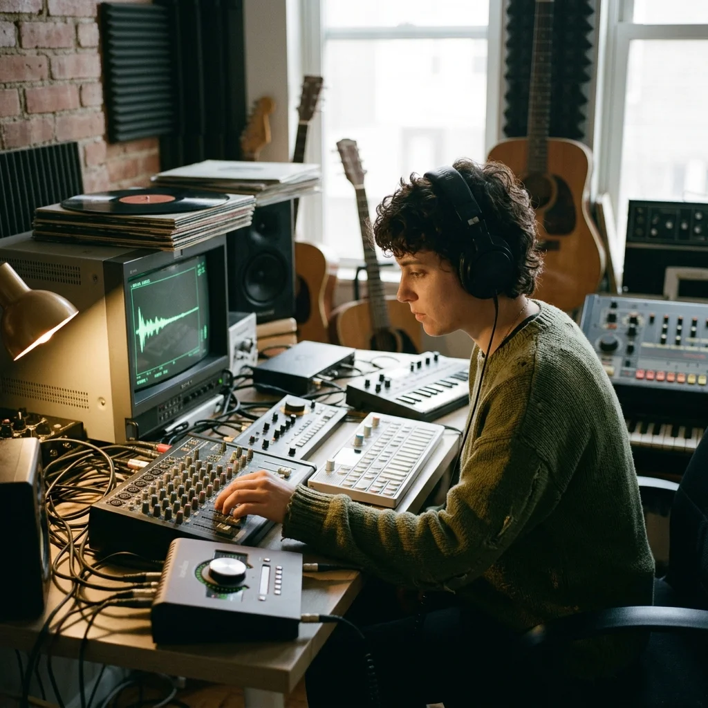 Independent musician shaping an AI music idea in a bright home studio
