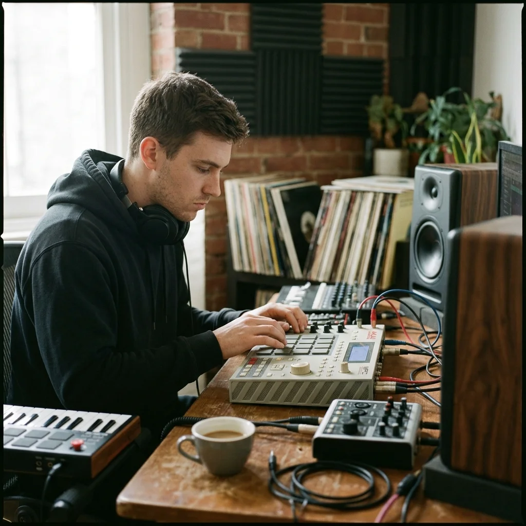 Beat producer tapping a drum pad controller for a new genre idea