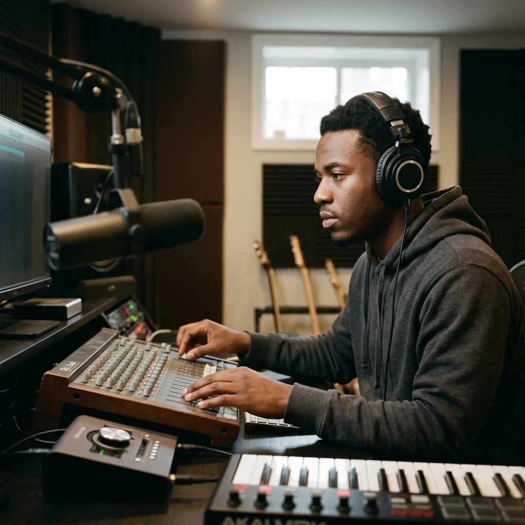Beat producer tapping a drum pad controller for a new genre idea