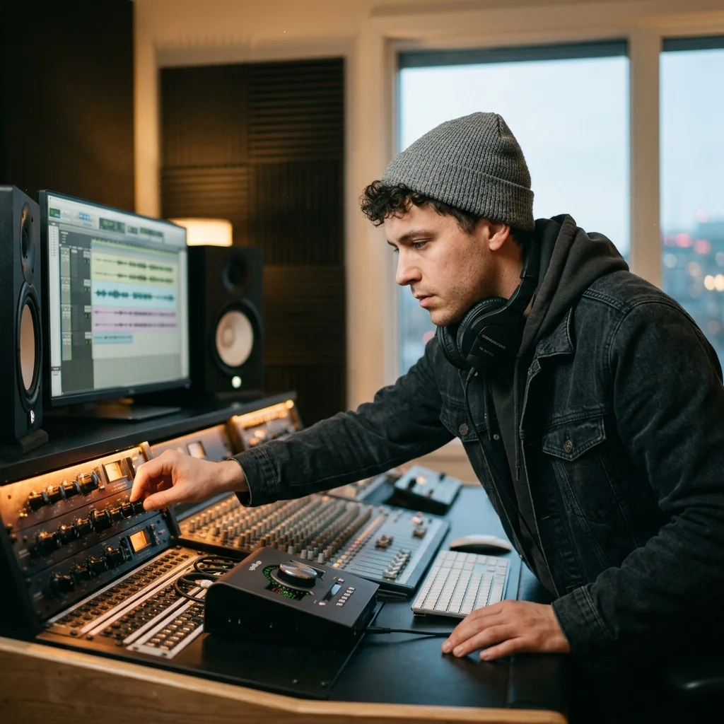 Independent musician shaping an AI music idea in a bright home studio