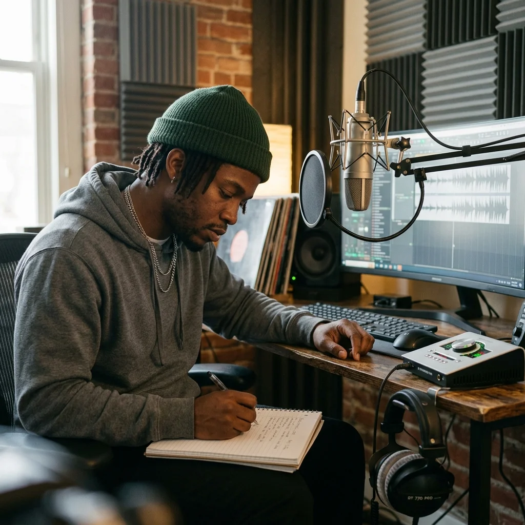 Songwriter turning rough ideas into lyrics with acoustic guitar nearby