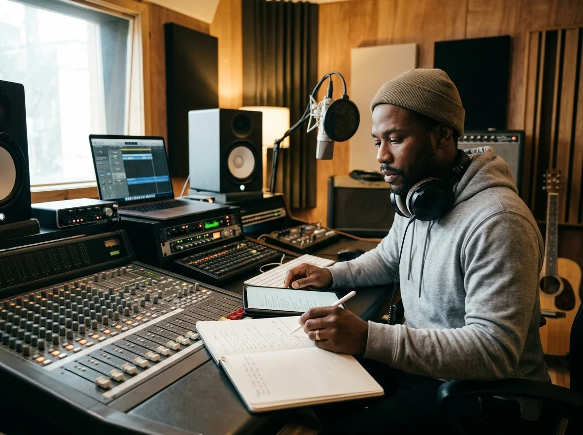 Vocalist recording a clean voice sample in a bright vocal booth