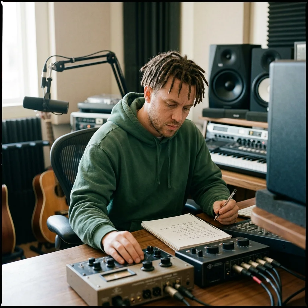 Songwriter turning rough ideas into lyrics with acoustic guitar nearby