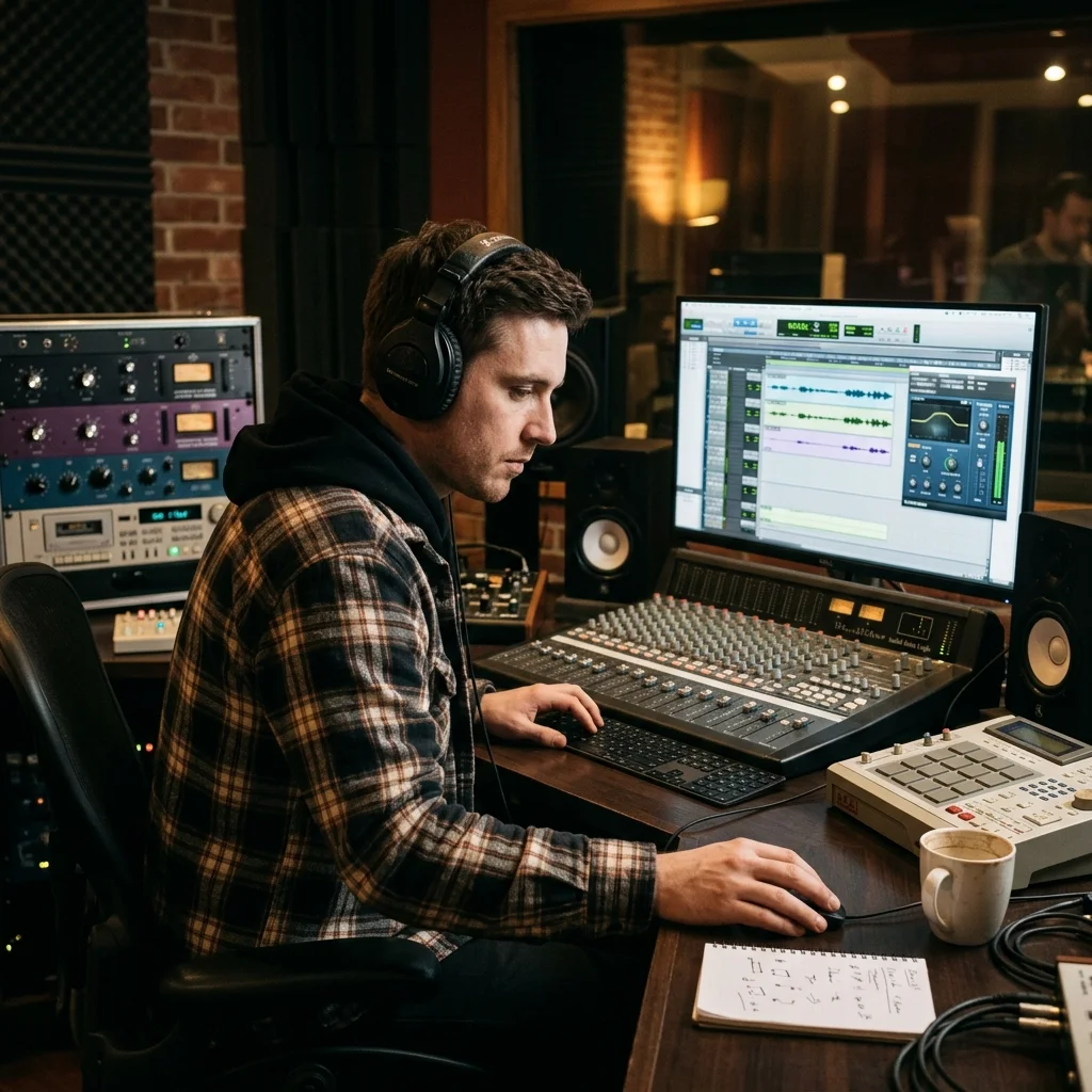Independent musician shaping an AI music idea in a bright home studio