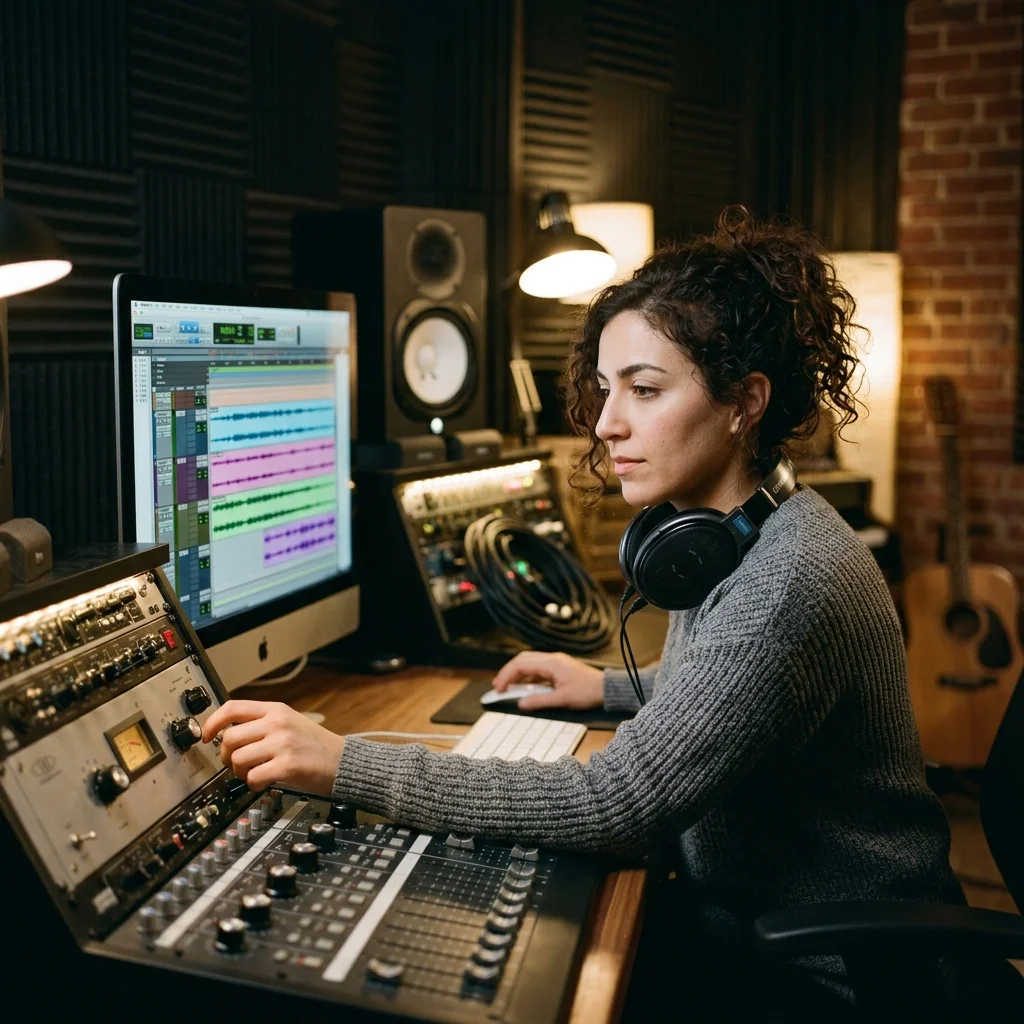 Creator shaping ambient background music with a compact sound texture device