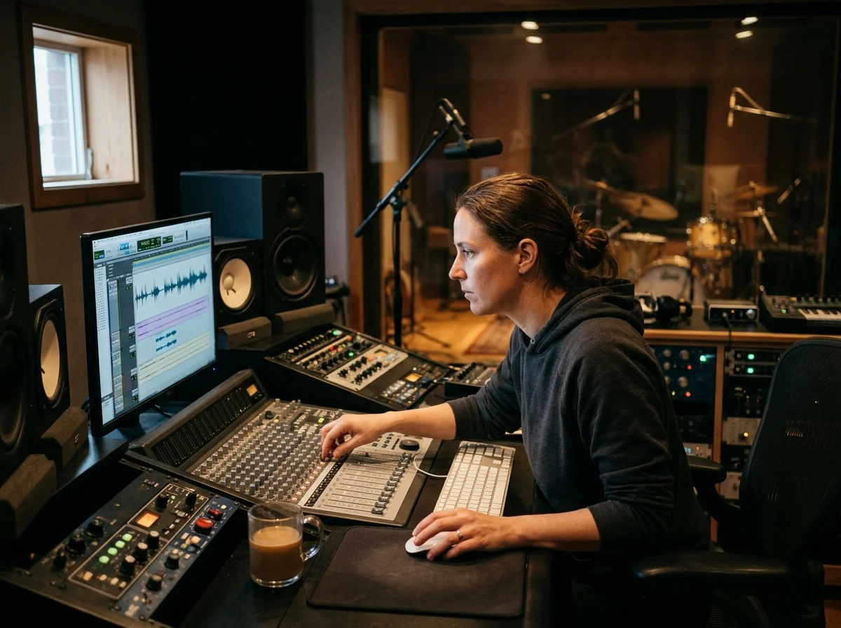 Sound designer analyzing BPM key and pitch before editing audio