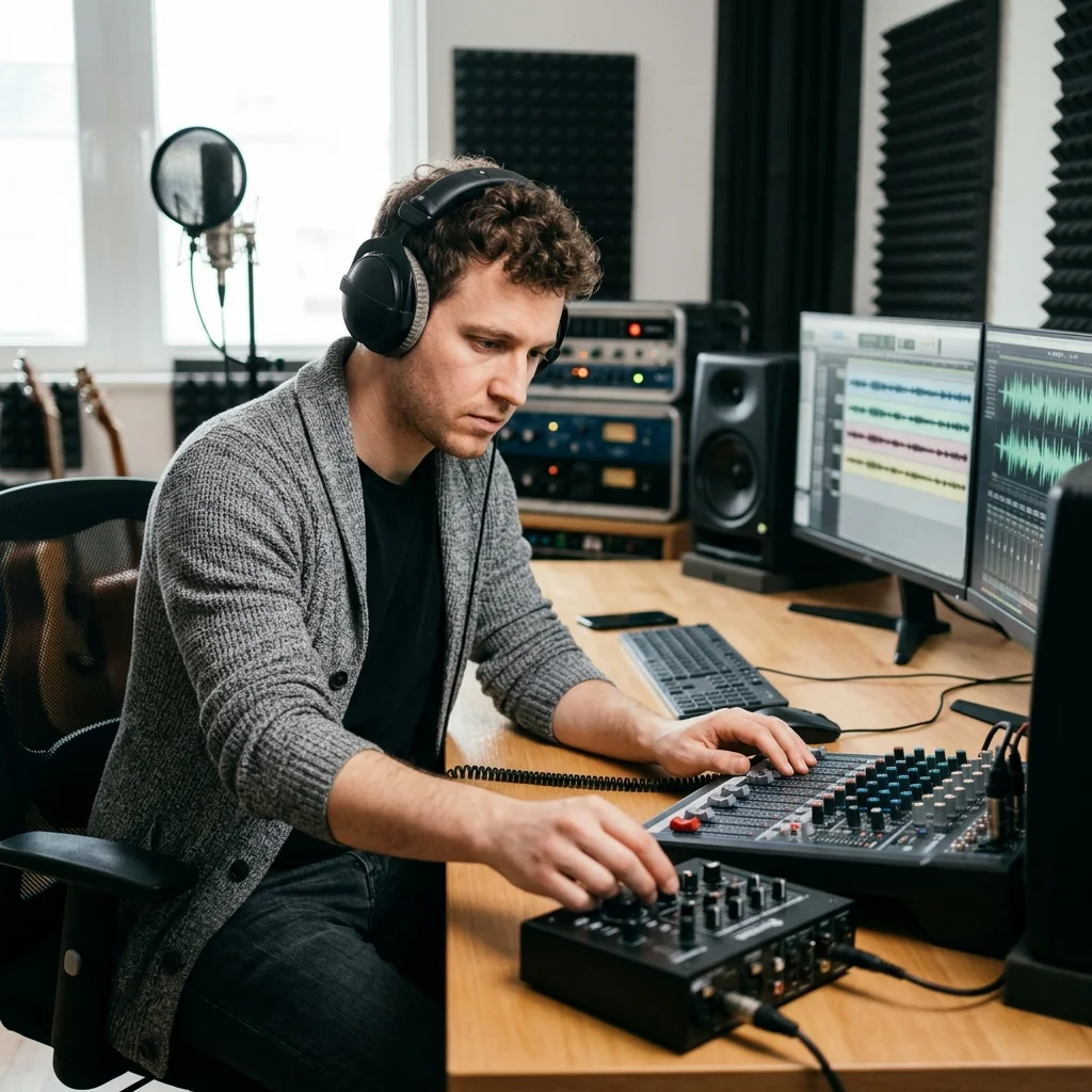 Creator shaping ambient background music with a compact sound texture device