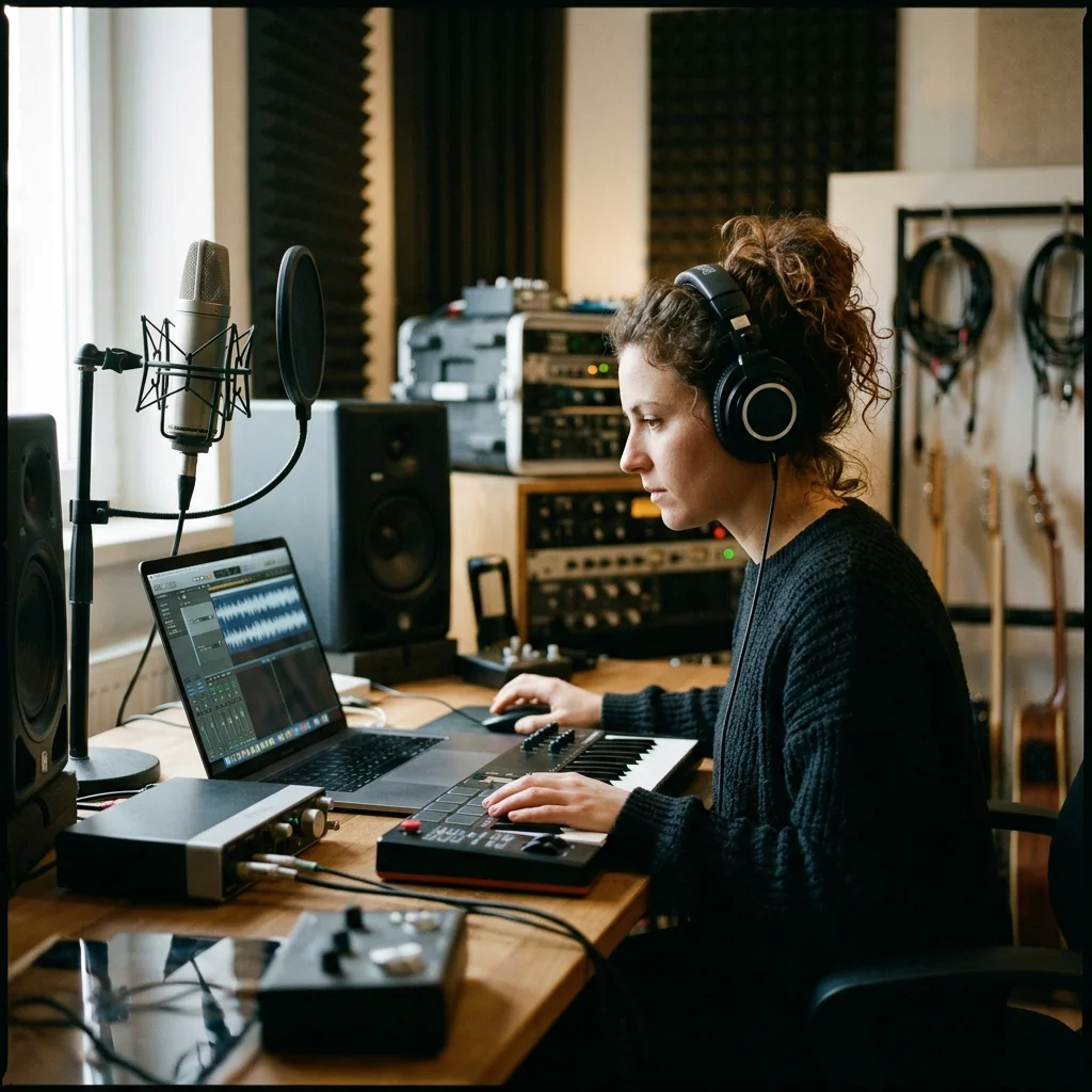 Creator shaping ambient background music with a compact sound texture device