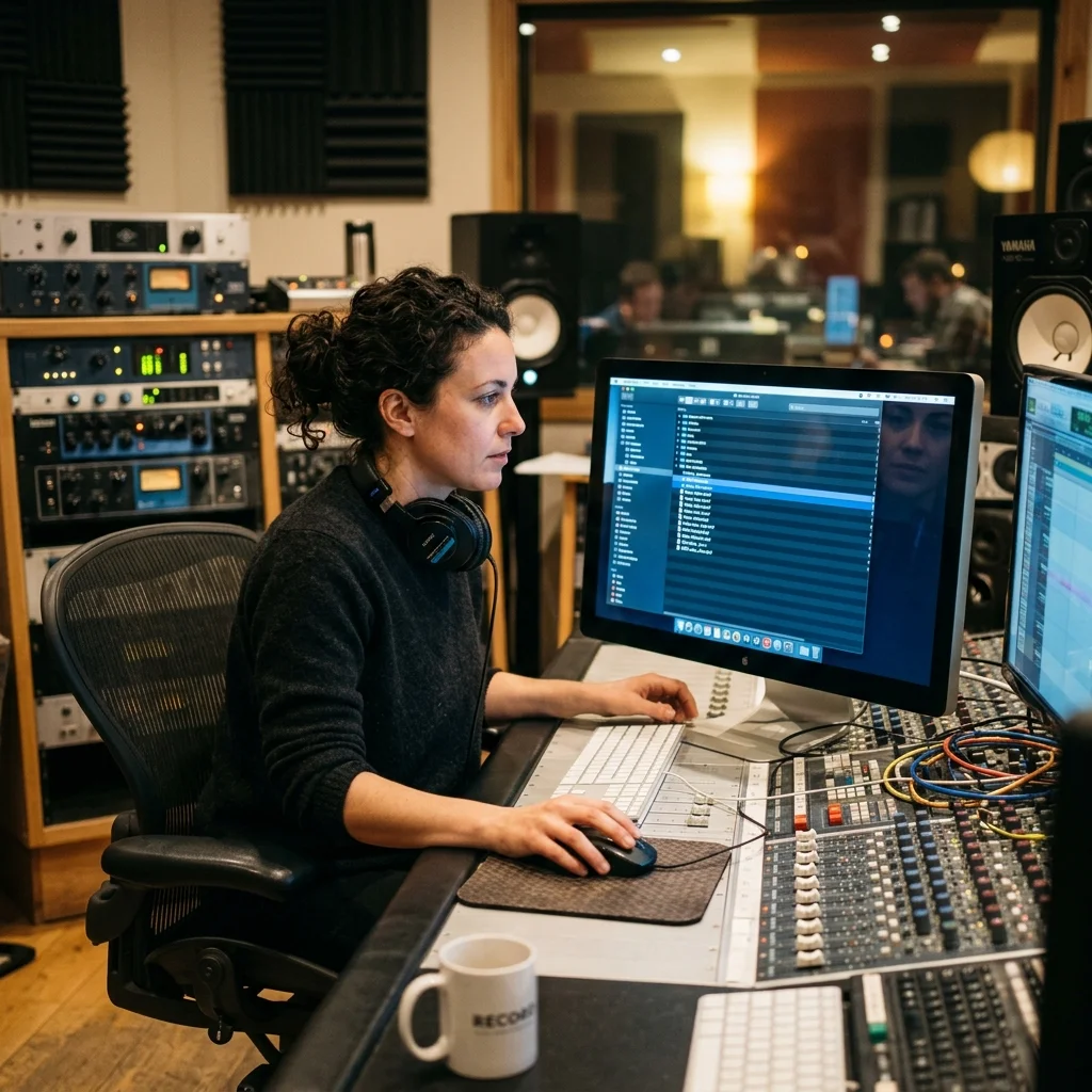 Creator shaping ambient background music with a compact sound texture device