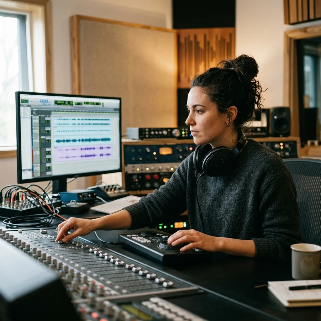 Sound designer analyzing BPM key and pitch before editing audio