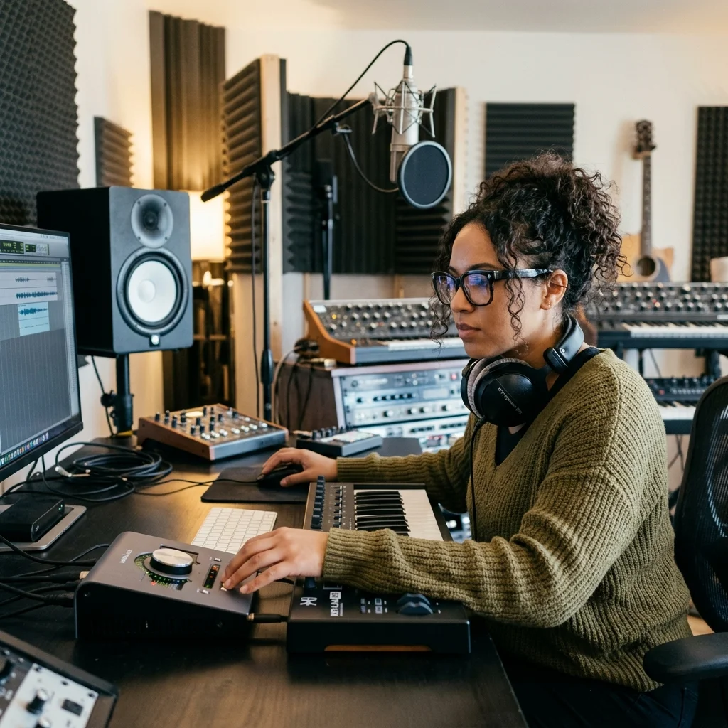 Beat producer tapping a drum pad controller for a new genre idea