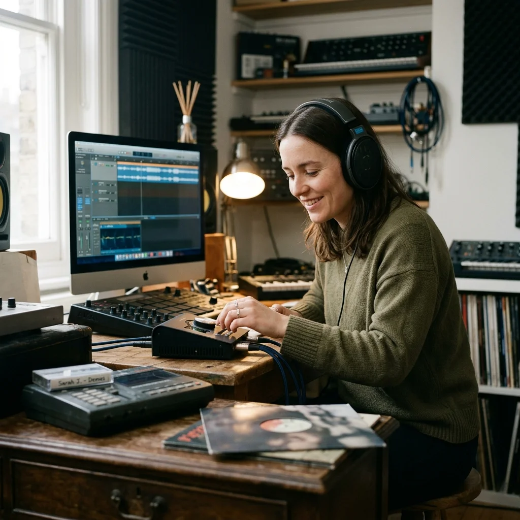 Independent musician shaping an AI music idea in a bright home studio