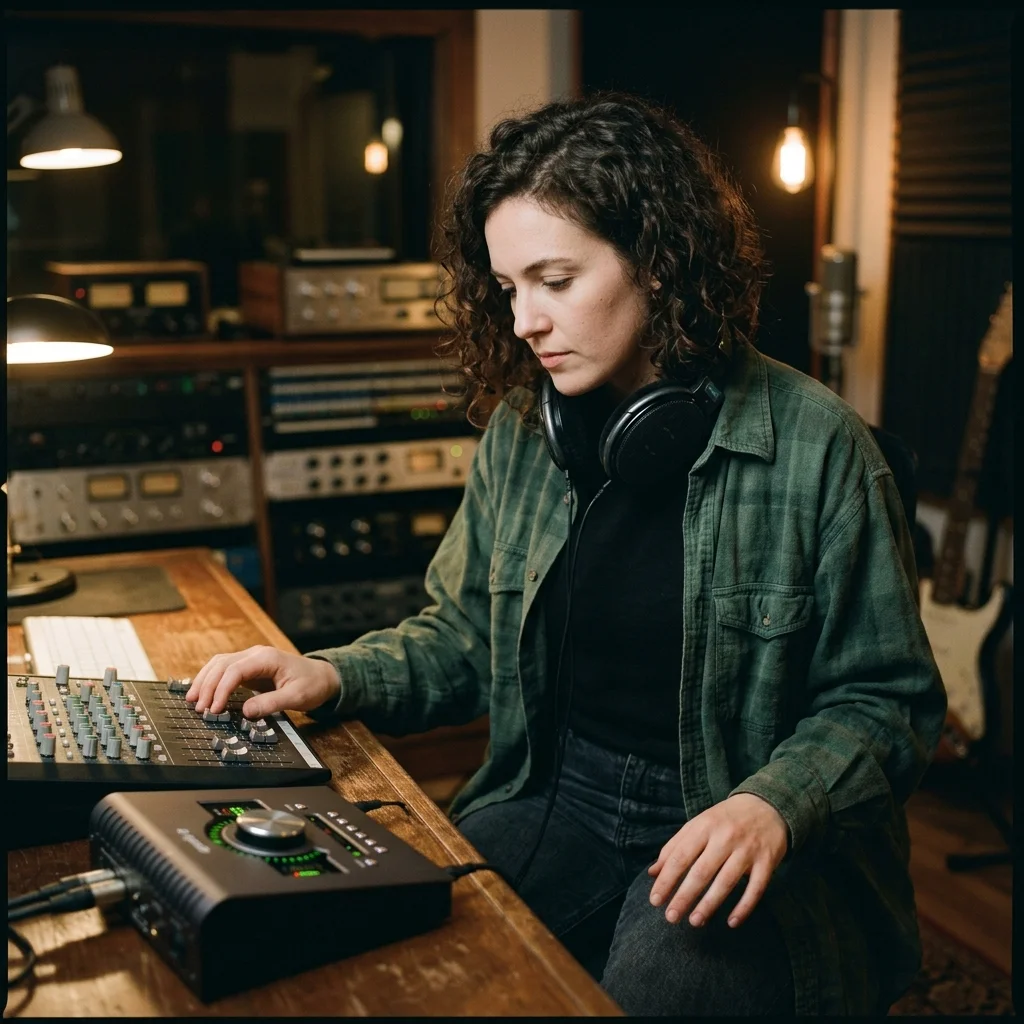 Independent musician shaping an AI music idea in a bright home studio