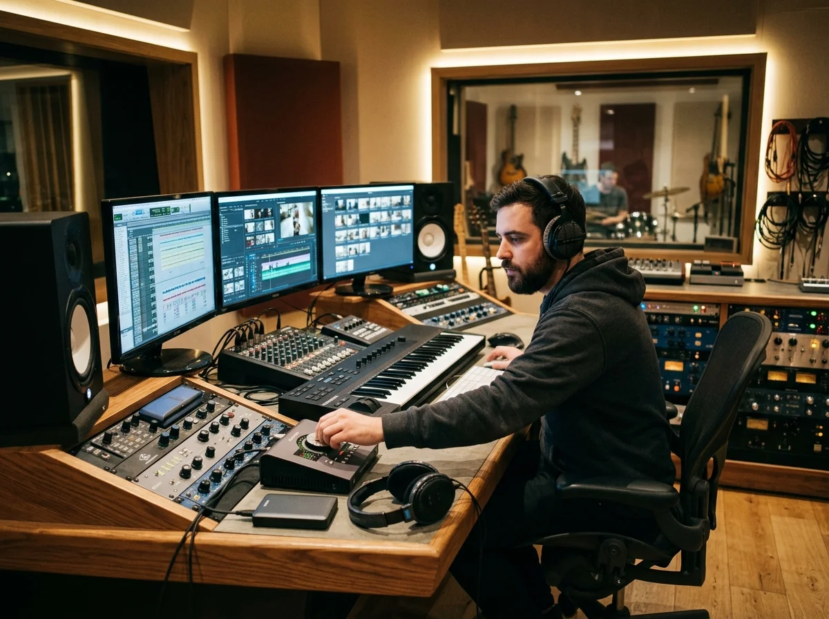 Sound designer analyzing BPM key and pitch before editing audio