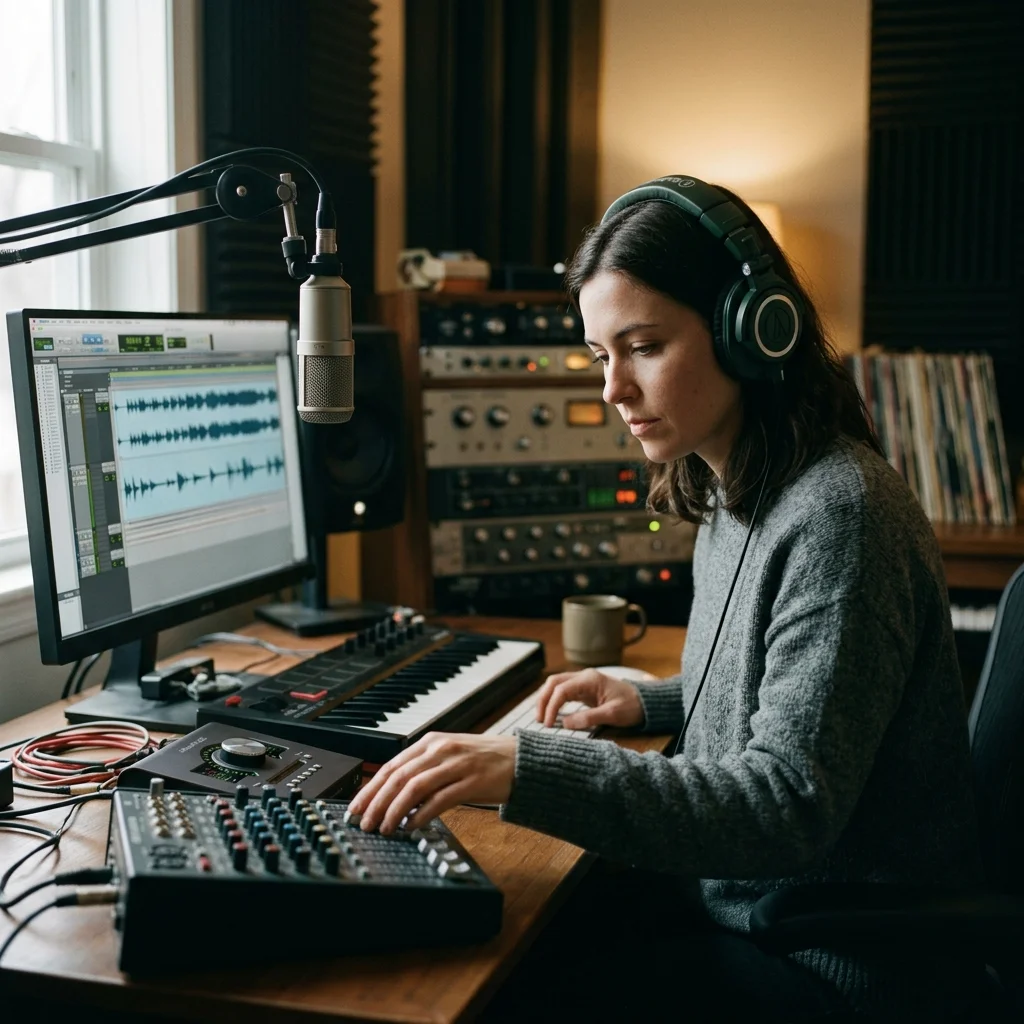 Independent musician shaping an AI music idea in a bright home studio