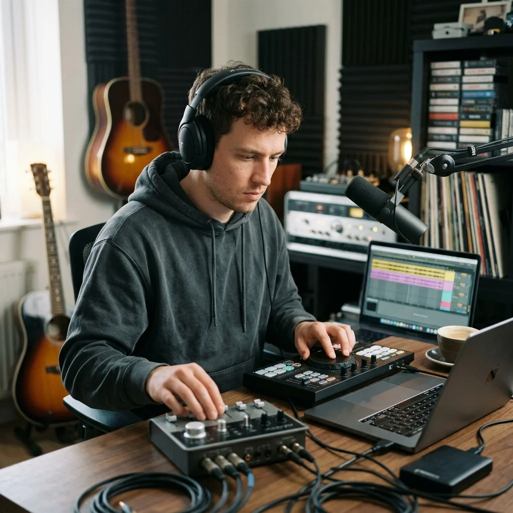 Creator shaping ambient background music with a compact sound texture device