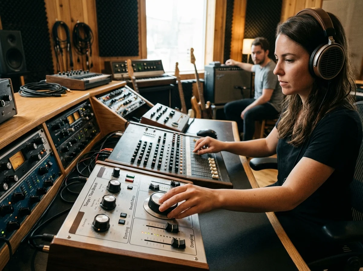 Sound designer analyzing BPM key and pitch before editing audio