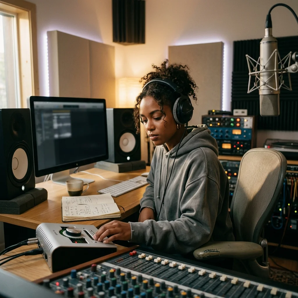 Creator shaping ambient background music with a compact sound texture device