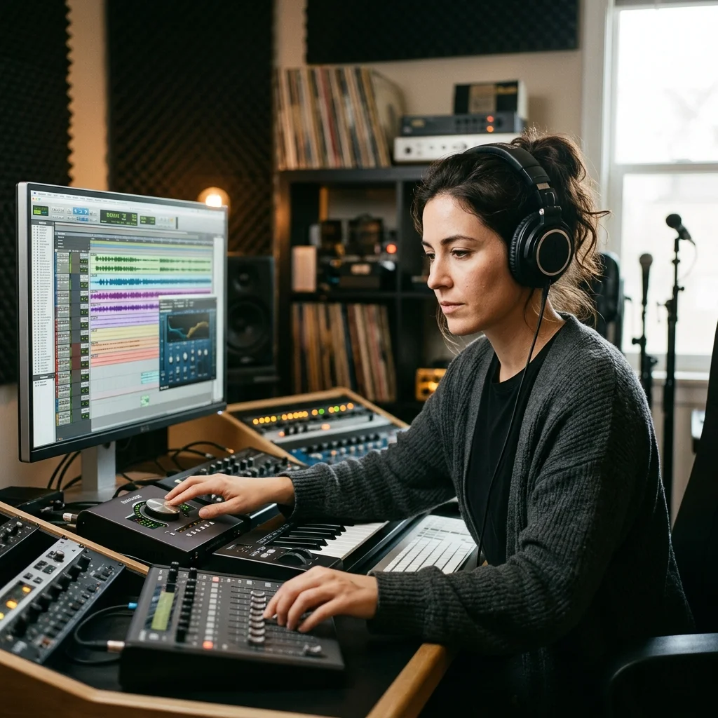 Audio engineer separating vocal and instrumental stems in a clean studio