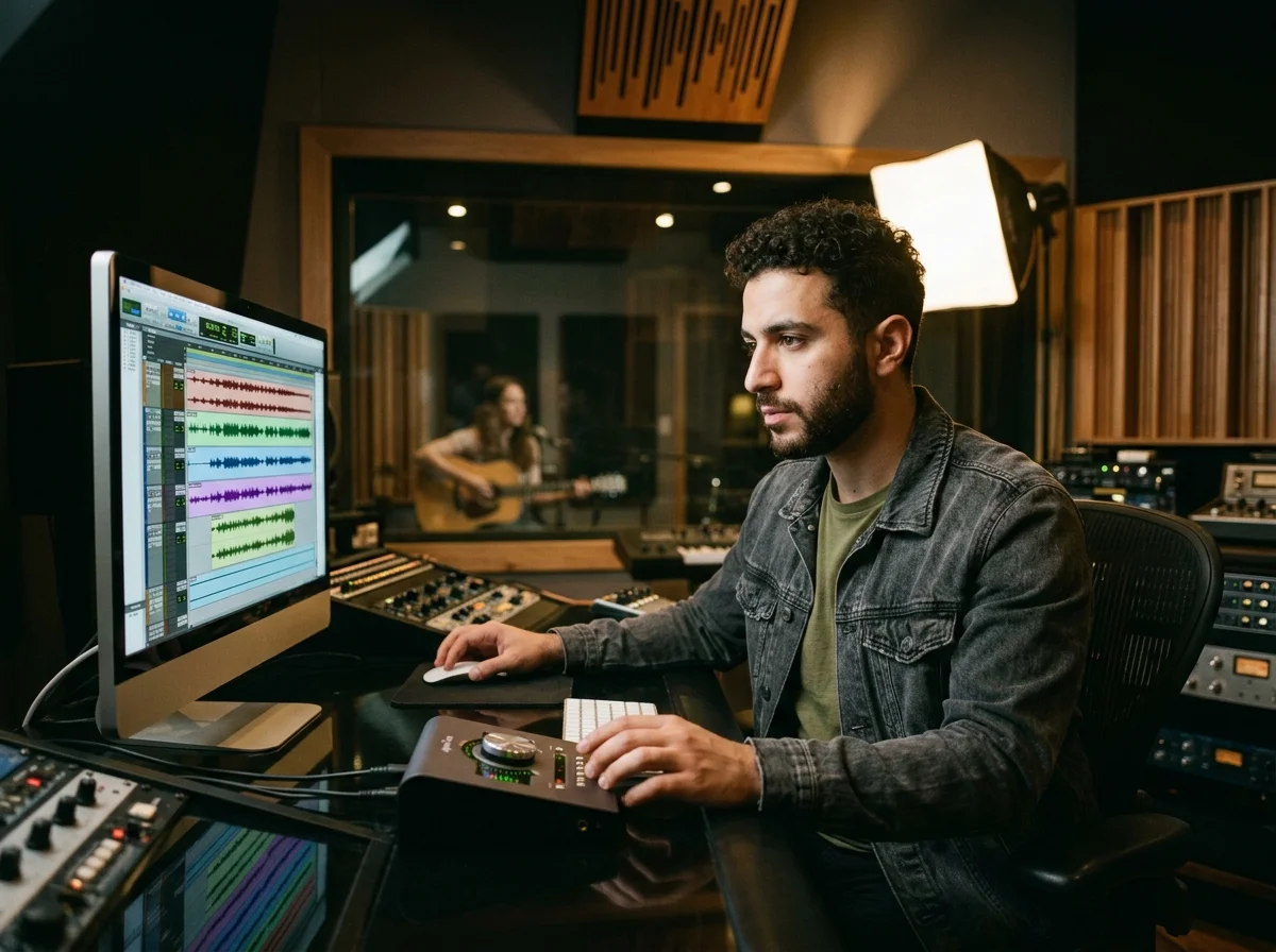 Independent musician shaping an AI music idea in a bright home studio