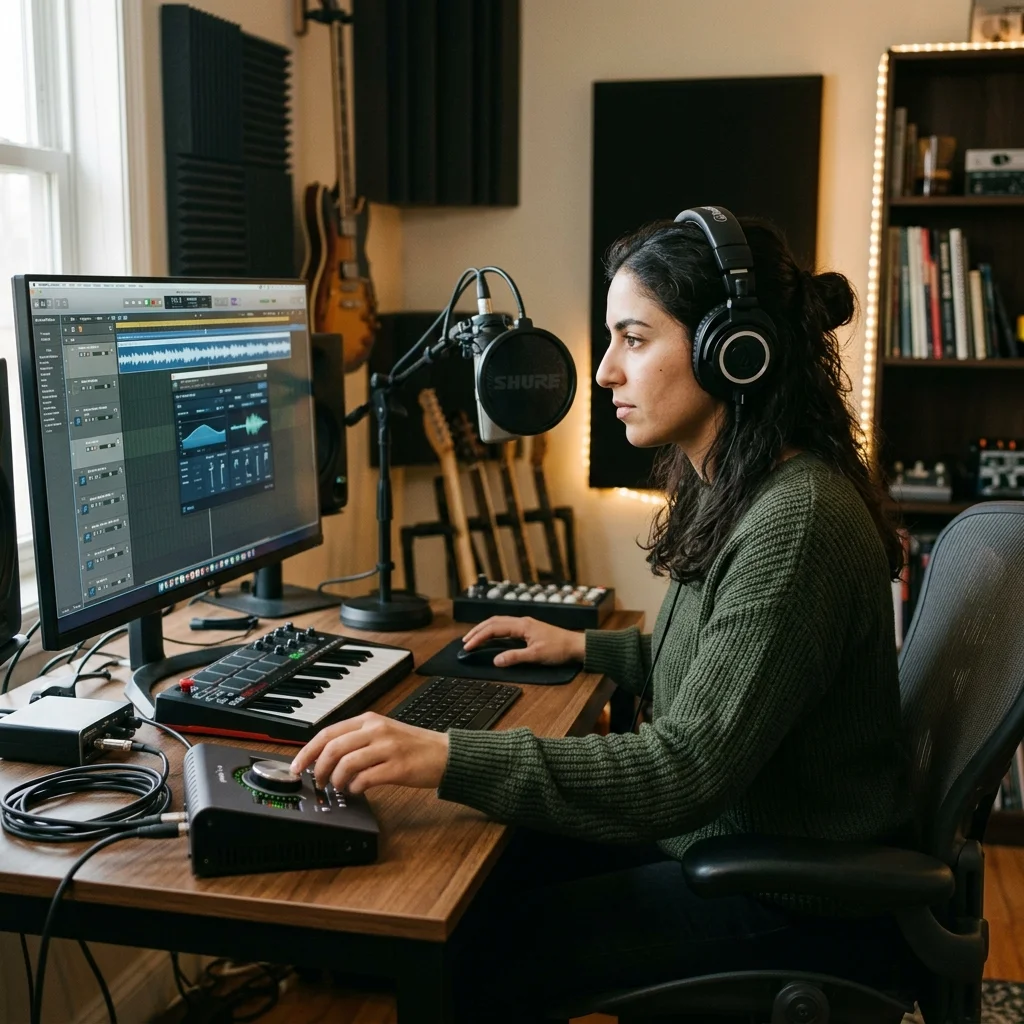 Audio engineer separating vocal and instrumental stems in a clean studio