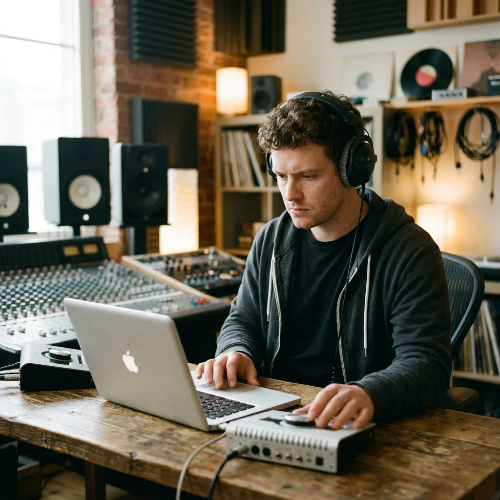 Sound designer analyzing BPM key and pitch before editing audio