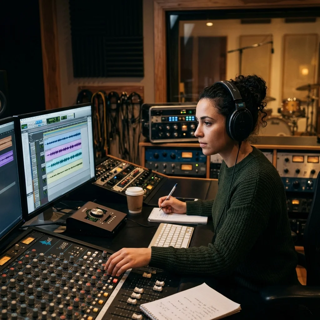 Audio engineer separating vocal and instrumental stems in a clean studio