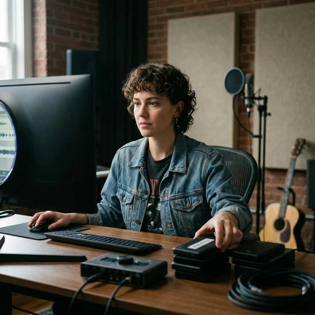 Audio engineer separating vocal and instrumental stems in a clean studio