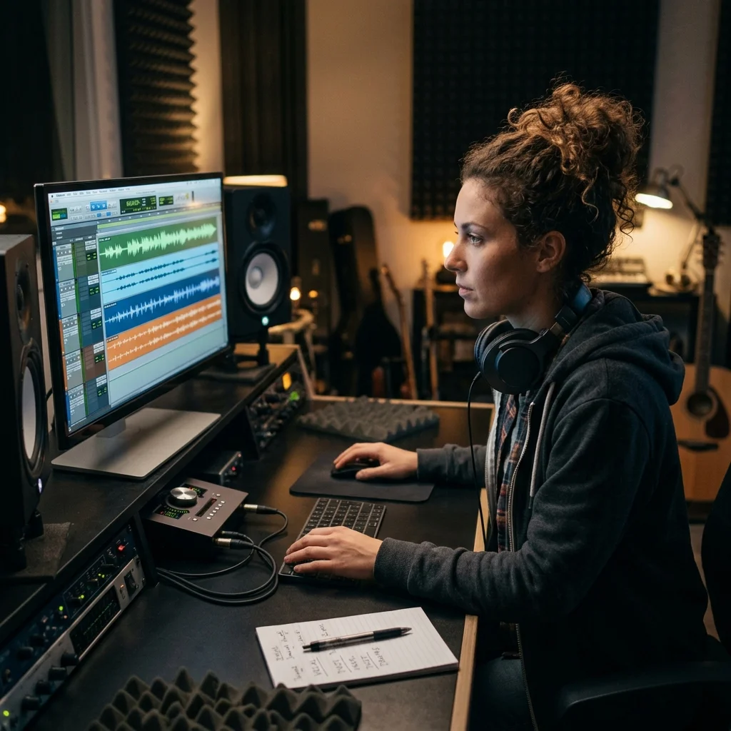 Sound designer analyzing BPM key and pitch before editing audio