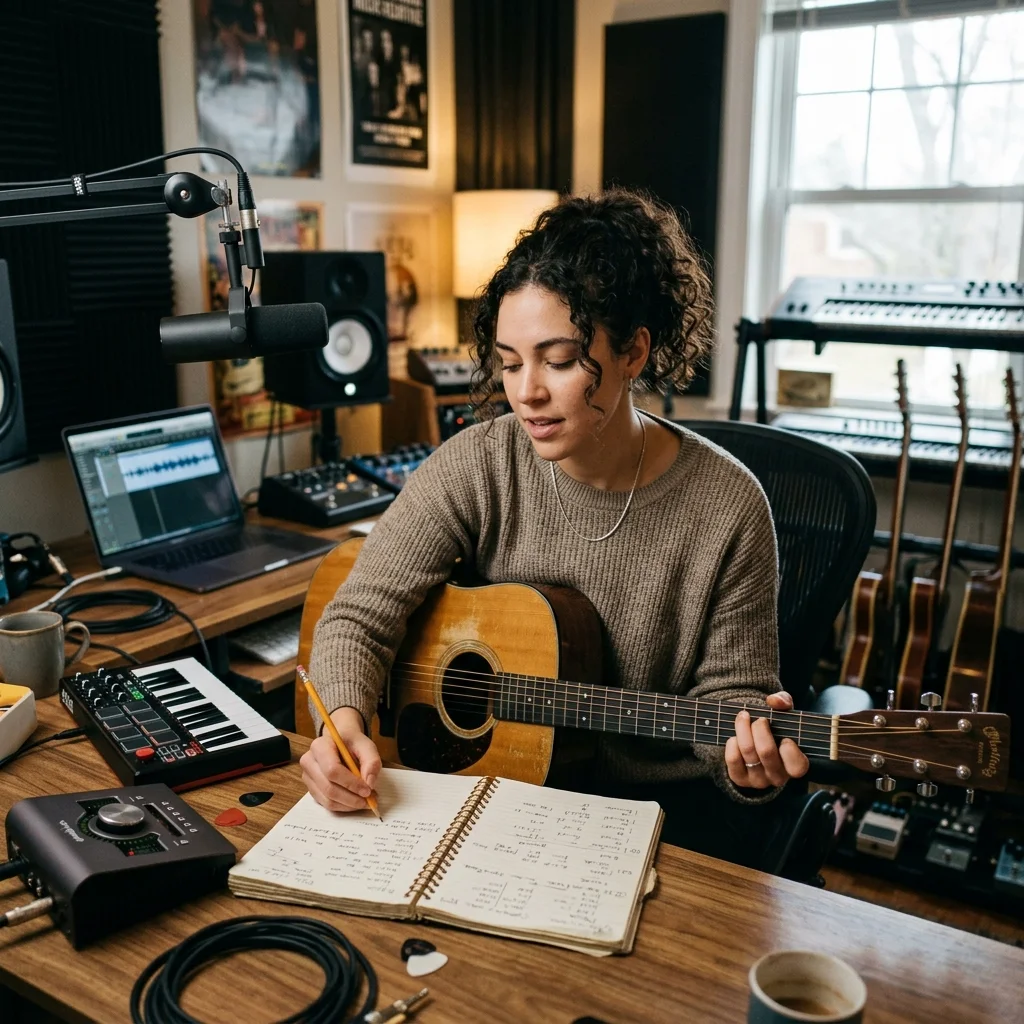 Songwriter turning rough ideas into lyrics with acoustic guitar nearby