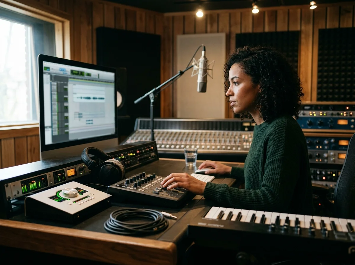 Vocalist recording a clean voice sample in a bright vocal booth