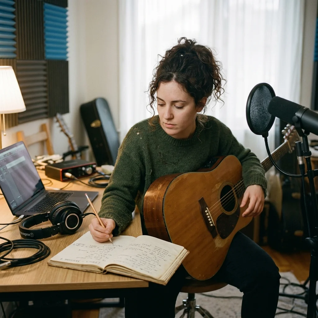 Songwriter turning rough ideas into lyrics with acoustic guitar nearby