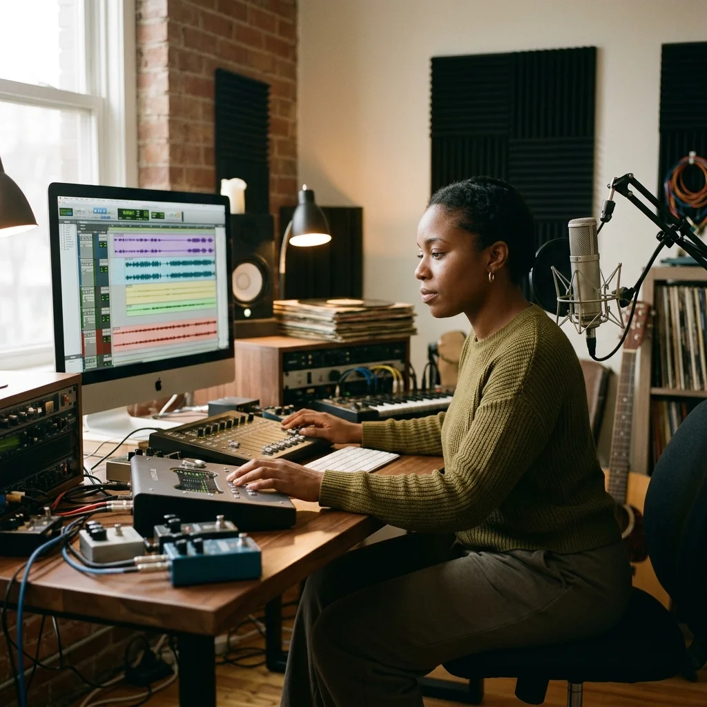 Independent musician shaping an AI music idea in a bright home studio