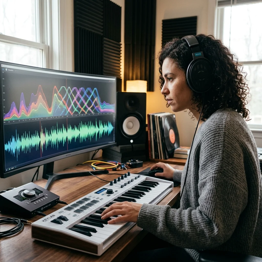 Creator editing a music video with waveform and caption timeline