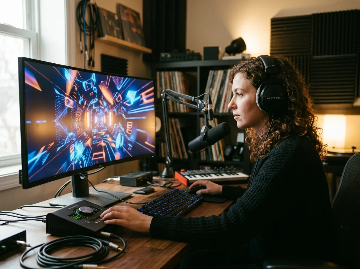 Sound designer analyzing BPM key and pitch before editing audio