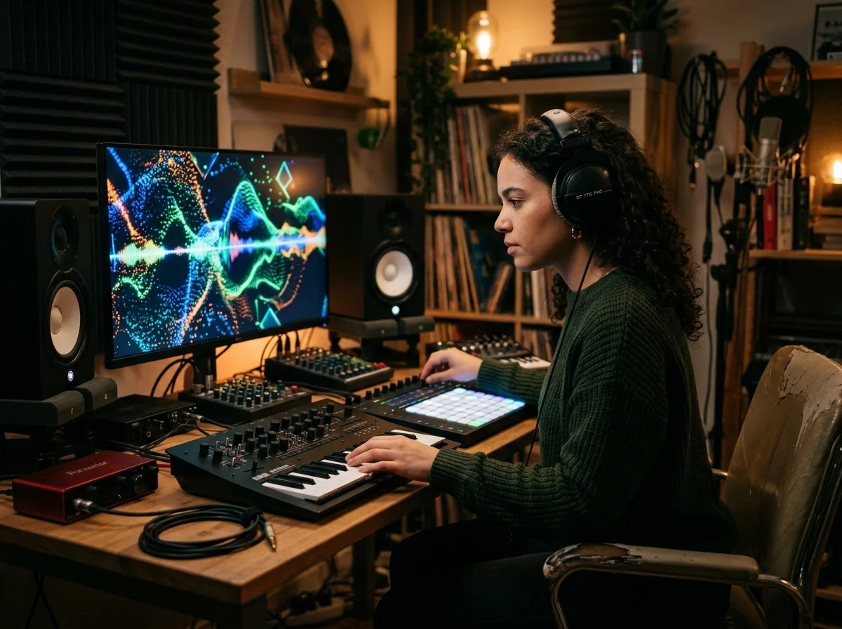 Creator editing a music video with waveform and caption timeline