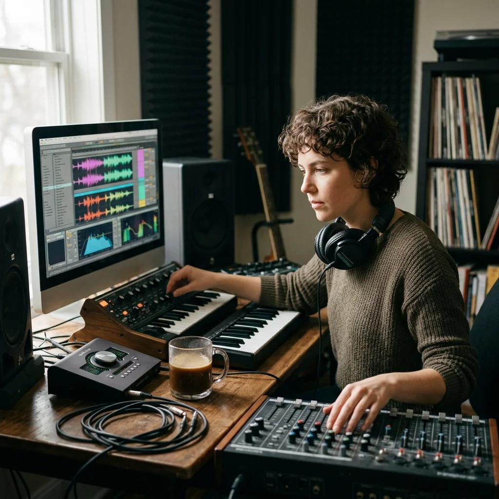 Independent musician shaping an AI music idea in a bright home studio
