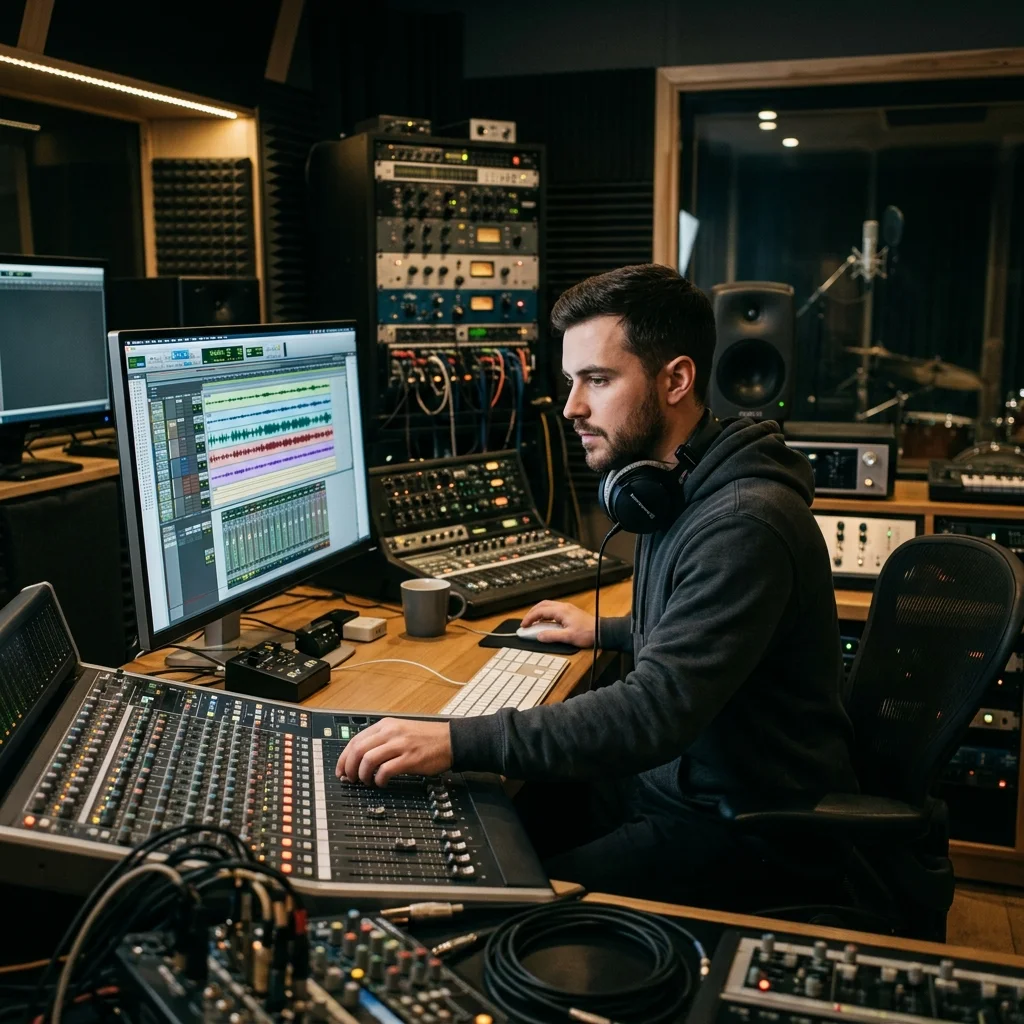 Sound designer analyzing BPM key and pitch before editing audio