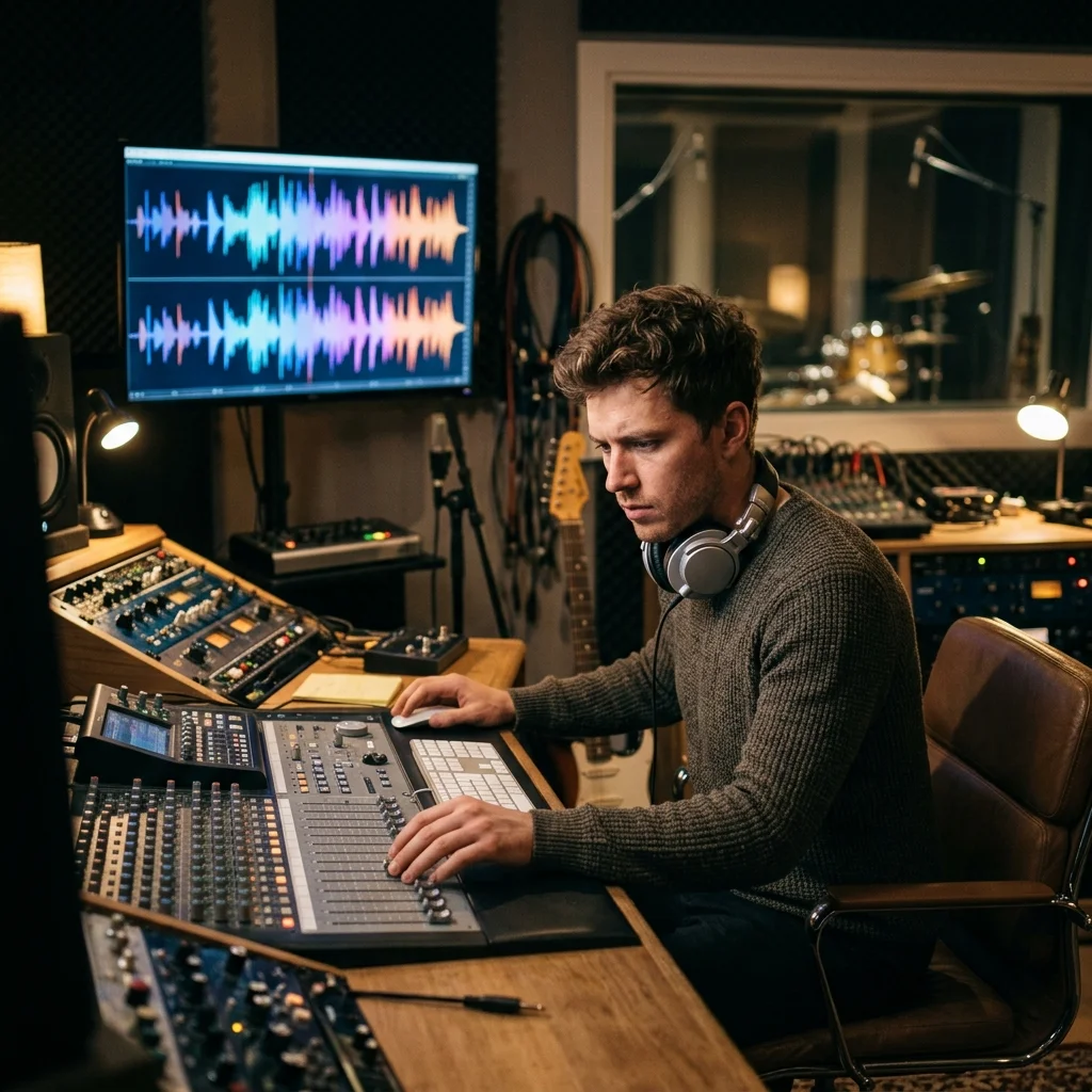 Creator editing a music video with waveform and caption timeline