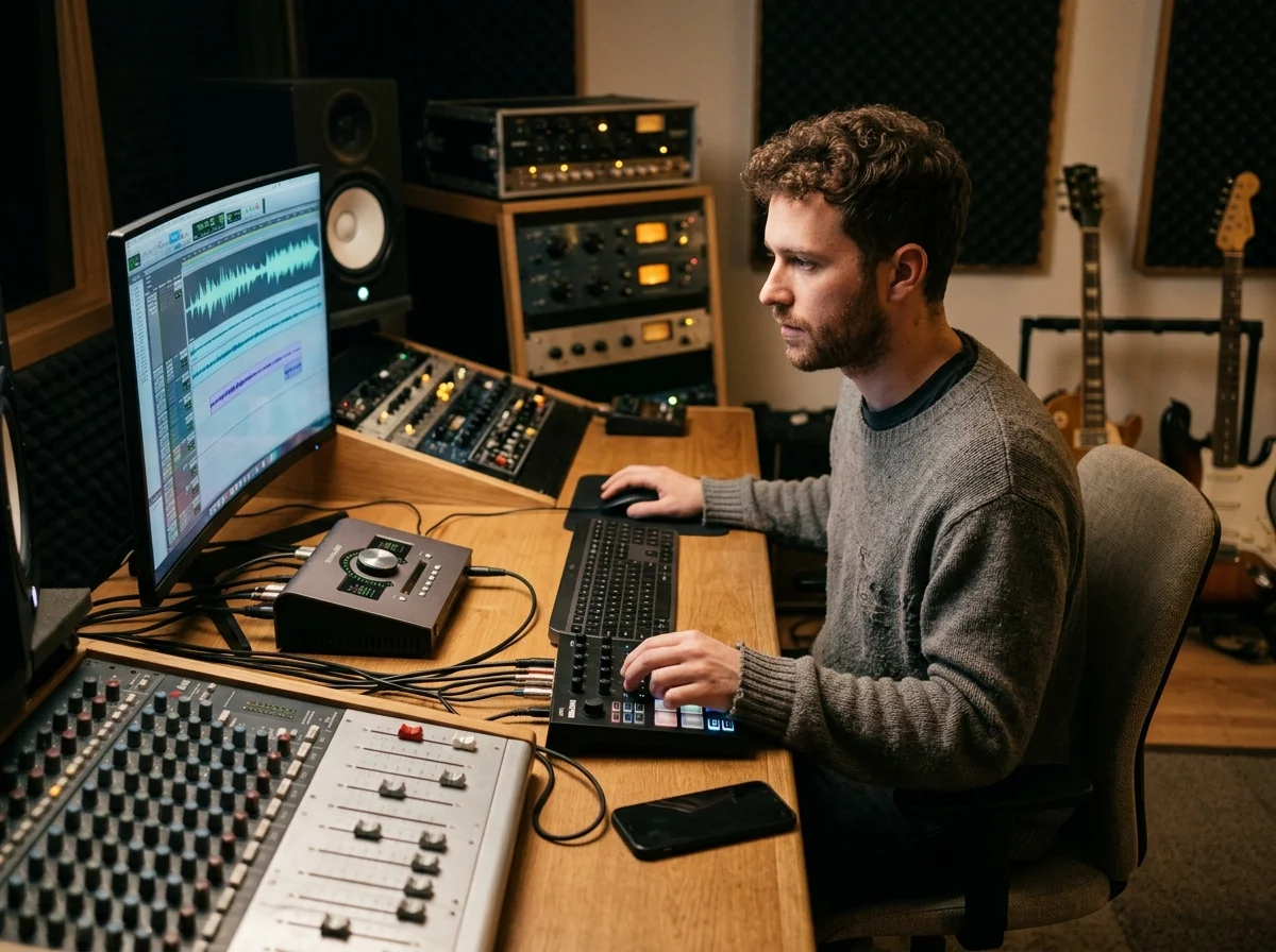 Sound designer analyzing BPM key and pitch before editing audio